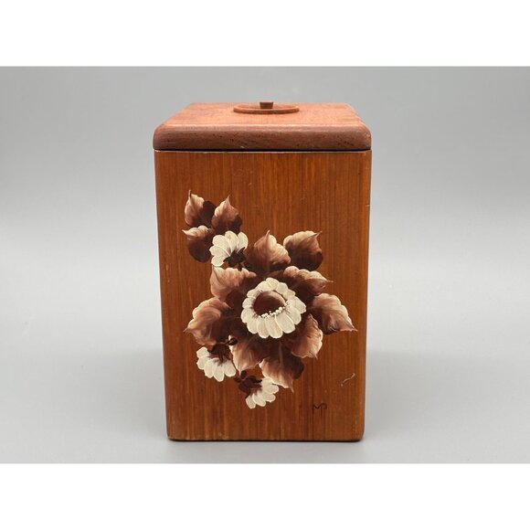 Vintage Hand Painted Wood Canister Pair With Floral Panels | Storage Containers - Picture 2 of 12